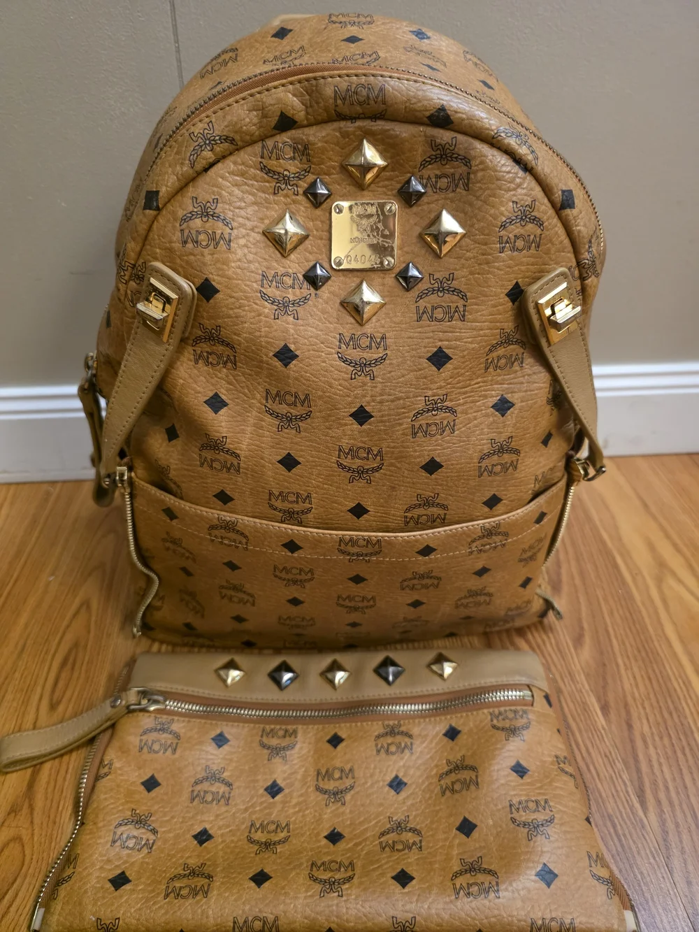 MCM Cognac Visetos Studded Leather Backpack with Pouch